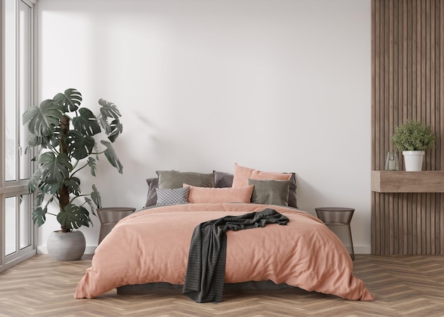 Pusta biała ściana w nowoczesnej i przytulnej sypialni Makieta wnętrza w nowoczesnym stylu Darmowe miejsce na kopię tekstu lub innego projektu Roślina rabatowa Renderowanie 3D