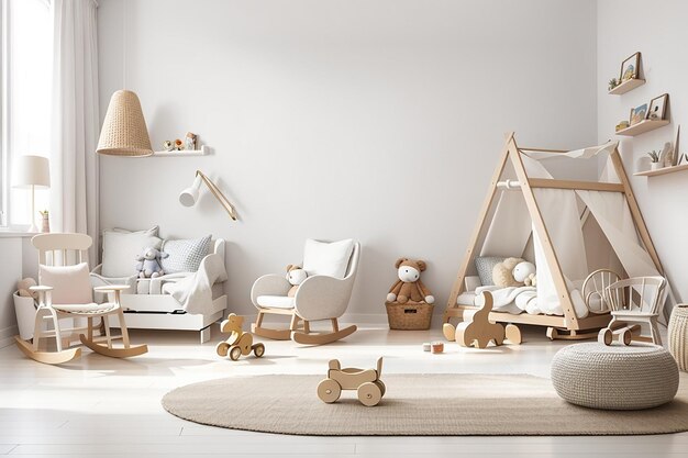 Pusta biała ściana w nowoczesnym pokoju dziecięcym wzoruj wnętrze w stylu skandynawskim kopiuj przestrzeń na swoje zdjęcie lub plakat łóżko fotel zabawki rattan koń kołyszący przytulny pokój dla dzieci renderowanie 3d