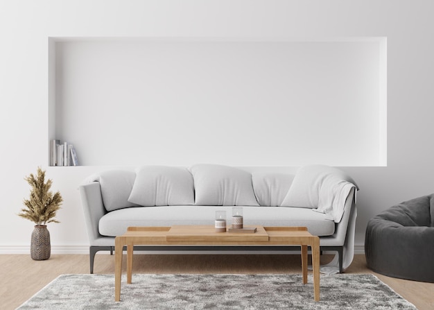 Pusta biała ściana w nowoczesnym salonie Makieta wnętrza w skandynawskim stylu Bezpłatna kopia miejsca na tekst obrazu lub inny projekt Sofa suszona trawa w wazonie drewniany stół renderowania 3D
