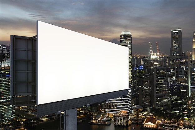 Pusta biała tablica drogowa z tłem miasta Singapur w porze nocnej Plakat reklamowy uliczny makieta renderowania 3D Widok z boku Koncepcja komunikacji marketingowej, aby sprzedać pomysł