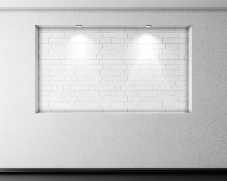 Zdjęcie pusta ceglana nisza ze światłami na otynkowanej ścianie. renderowanie 3d.