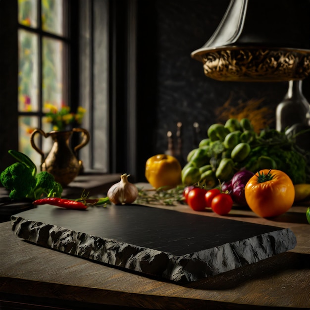 Pusta, czarna deska do cięcia kamienia do wyświetlania jedzenia na stole w rozmytej nowoczesnej kuchni
