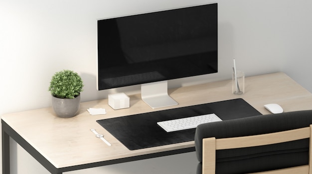 Pusta czarna podkładka na biurko z białą myszą i klawiaturą, renderowanie 3d.