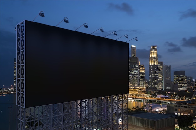 Pusta czarna tablica drogowa z tłem miasta Singapur w porze nocnej Plakat reklamowy uliczny makieta renderowania 3D Widok z boku Koncepcja komunikacji marketingowej, aby sprzedać pomysł