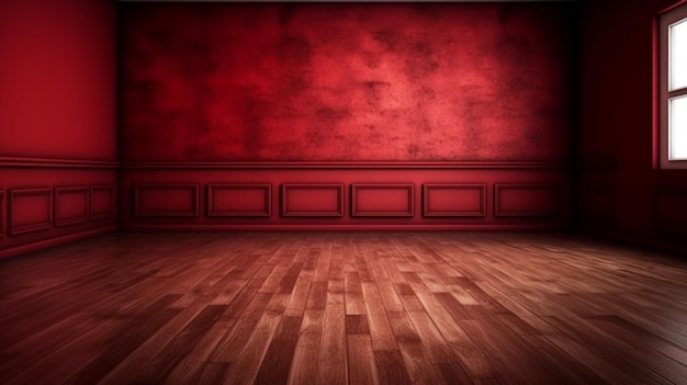 Pusta czerwona ściana w pustym pokoju z widokiem z przodu drewnianej podłogi