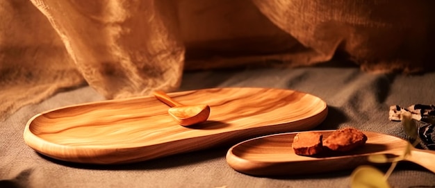 Pusta drewniana deska na lnianym stole kuchennym widok z góry płaski drewniany talerz do pizzy miejsce na kopię