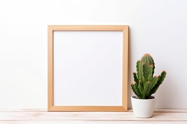 Pusta drewniana ramka na zdjęcia w kształcie kwadratu z kaktusem na białym tle