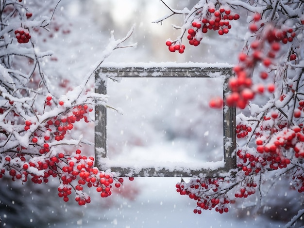 Pusta drewniana tabliczka w śnieżnym zimowym lesie z czerwonymi jagodami wygenerowanymi przez sztuczną inteligencję