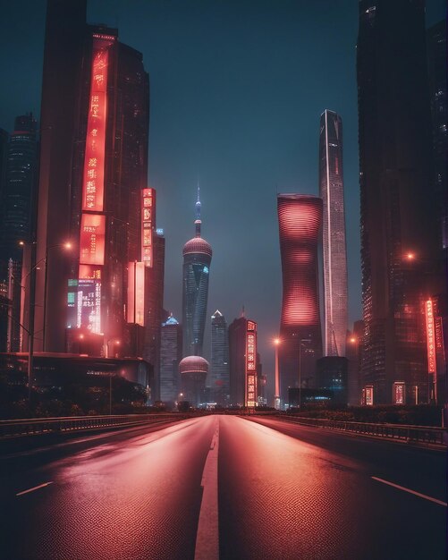 Pusta droga asfaltowa i panoramę miasta z budynkami o zachodzie słońca w Szanghaju z neonem