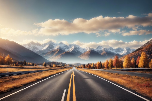 pusta droga asfaltowa z górską jesienną panoramą ai generatywną