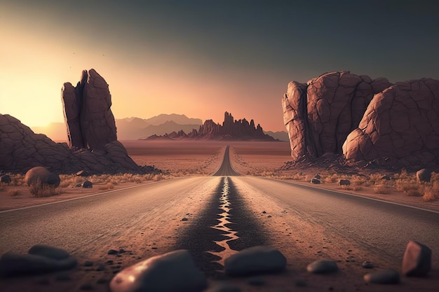 Pusta droga w pustynnym krajobrazie Krajobraz zachodu słońca ze skałami i suchym lądem Generacyjna sztuczna inteligencja