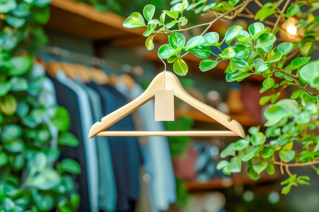 Pusta etykieta z kartonu wisząca na gałęzi z zielonymi liśćmi na tle zrównoważonego wnętrza sklepu z odzieżą