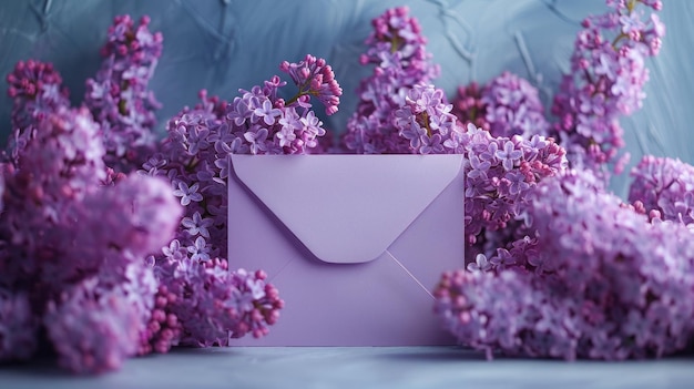 Pusta fioletowa koperta z wiosennymi kwiatami liliowymi na tle niebieskiego