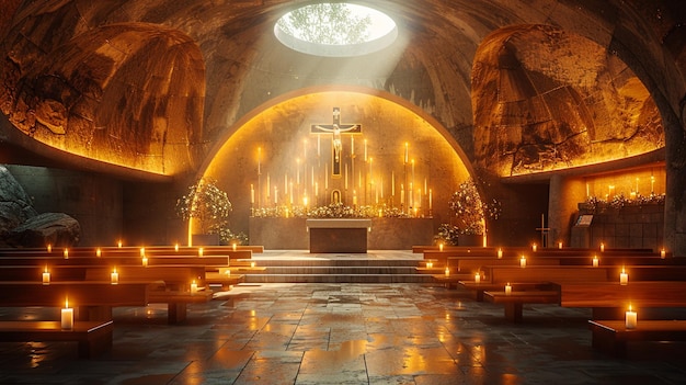 Pusta kaplica z tapetą w kształcie krzyża