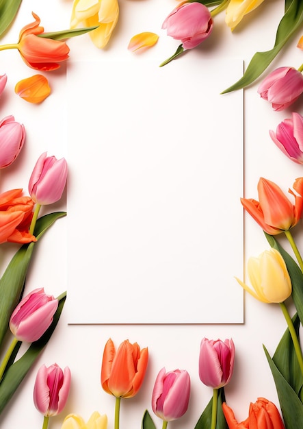 Zdjęcie pusta karta otoczona żywymi tulipanami dla wesołego i wiosennego zaproszenia romantycznego