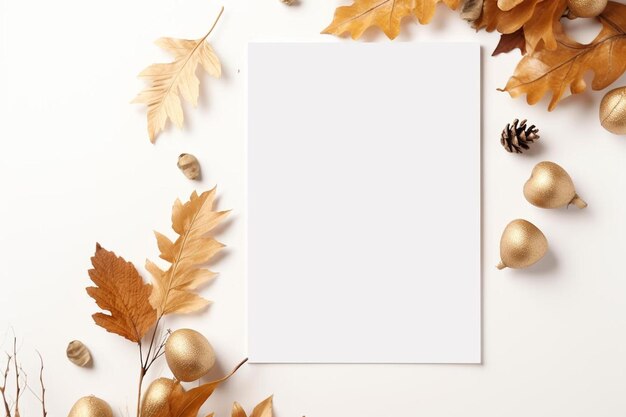 Zdjęcie pusta kartka z pozdrowieniami i złote liście na białym drewnianym stole widok makiety bożego narodzenia lub nowego roku
