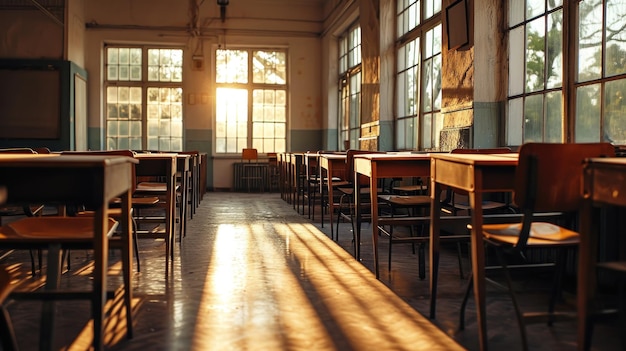 Zdjęcie pusta klasa oświetlona słońcem przywołuje wspomnienia o uczeniu się i rozwoju