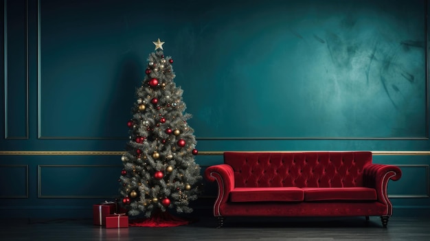 Pusta kolorowa ściana w ozdobionym świątecznym salonie, sofa z choinką świąteczną i pudełka z prezentami wygenerowane przez sztuczną inteligencję