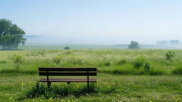 Zdjęcie pusta ławka siedzi na bujnie zielonym polu trawy i dzikich kwiatów są drzewa w oddali i lekka mgła w powietrzu