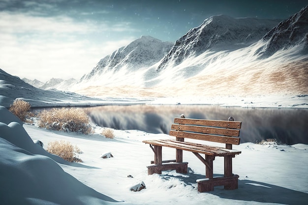 Pusta ławka w górach w kawiarni u podnóża zaśnieżonego wzgórza