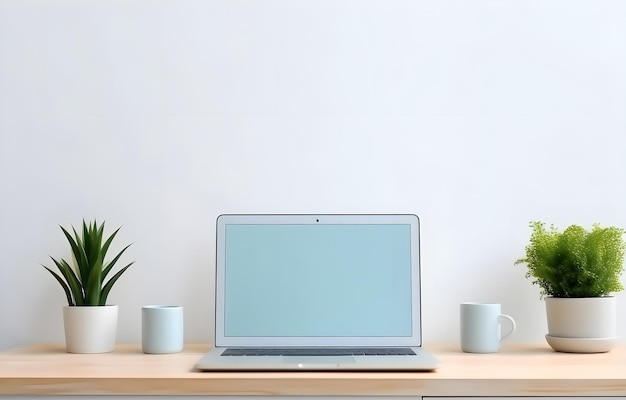 Pusta maketa laptopa na biurku w nowoczesnym świetle