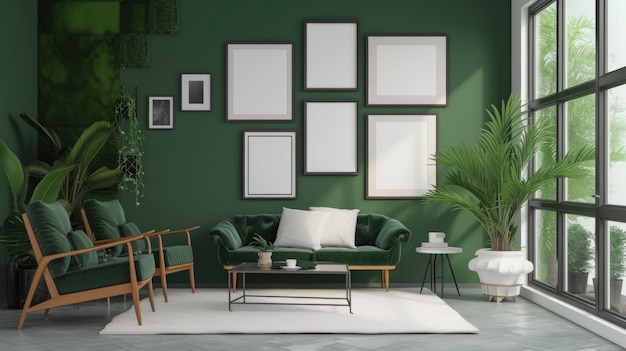 Pusta maketa ramki fotograficznej na zielonej ścianie Smaragdowy projekt salonu minimalistyczny koncept