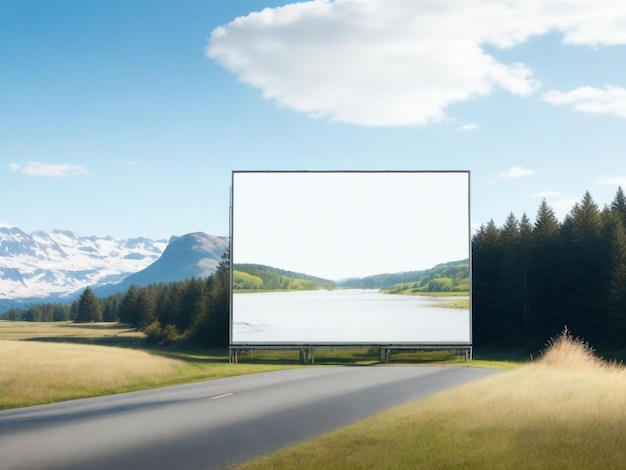 Pusta makieta billboardu z białym ekranem na tle chmur i błękitnego nieba