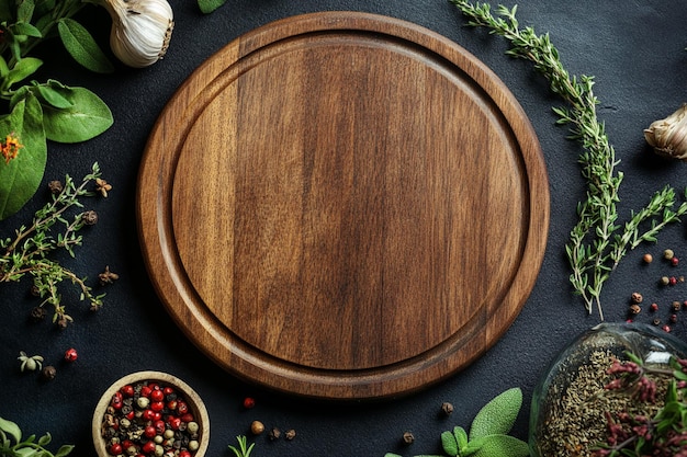 Pusta okrągła drewniana deska do cięcia dla jedzenia pizzy Receptura menu Mock up Drewniane tło z olejem