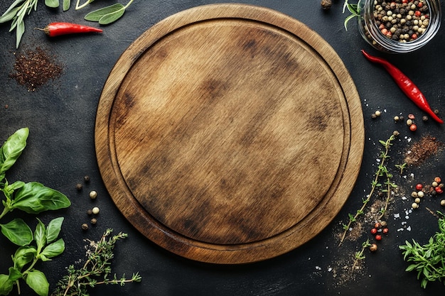 Pusta okrągła drewniana deska do cięcia dla jedzenia pizzy Receptura menu Mock up Drewniane tło z olejem