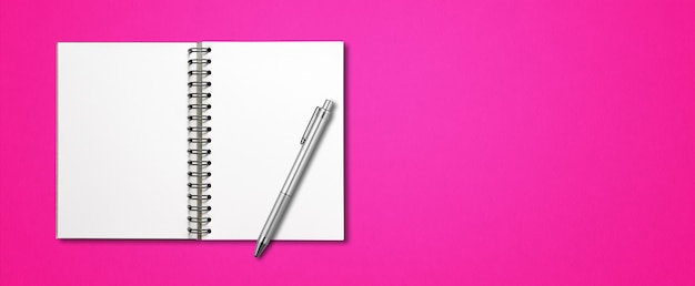 Pusta Otwarta Spirala Makieta Notebooka I Długopis Na Białym Tle Na Różowy Poziomy Baner