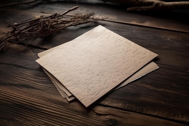 Pusta papierowa pocztówka leżąca na drewnianym stole vintage