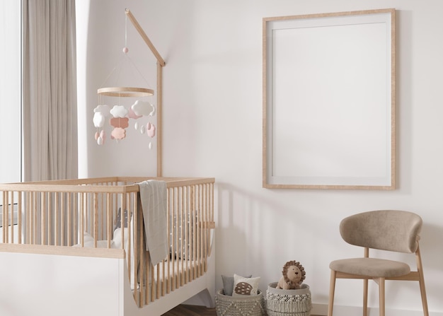 Pusta pionowa ramka na zdjęcia na białej ścianie w nowoczesnym pokoju dziecięcym Makieta wnętrza w skandynawskim stylu Darmowe miejsce na kopię dla twojego zdjęcia Krzesełko dla dziecka Przytulny pokój dla dzieci Renderowanie 3D