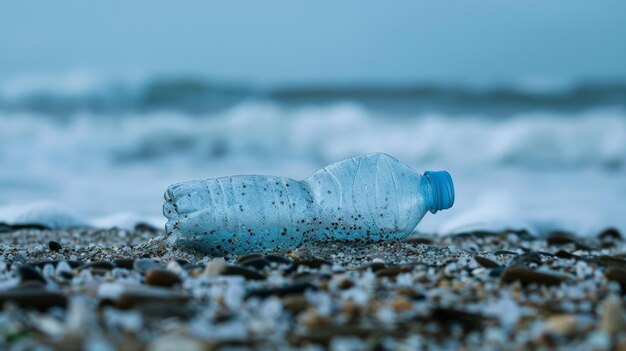 Pusta plastikowa butelka leży wyrzucona na plaży, ale przy bliższym zbadaniu widać maleńkie