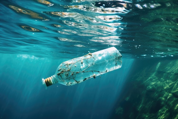 Pusta plastikowa butelka pływa w oceanie Światowe zanieczyszczenie plastikiem