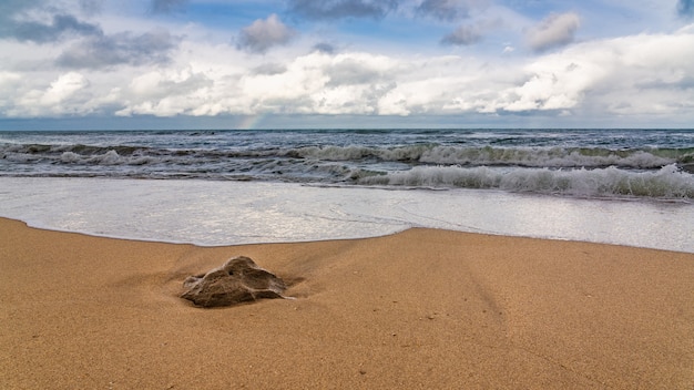 Pusta Plaża I Wzburzone Morze Przy Pochmurnej Pogodzie