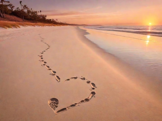 Pusta plaża o zachodzie słońca z romantyczną, ciepłą paletą kolorów Ślady stóp w piasku prowadzą do serca narysowanego na brzegu