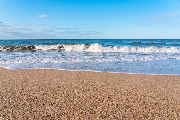 Pusta plaża z żółtym piaskiem i błękitnymi falami, kwarantanna w ośrodku