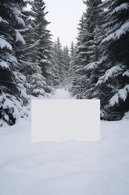 Zdjęcie pusta pocztówka z papieru leżąca na śnieżnym krajobrazie z sosnami średni strzał ultradetailed
