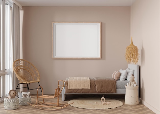 Pusta pozioma ramka na beżową ścianę w nowoczesnym pokoju dziecięcym Makieta wnętrza w stylu boho Darmowe kopiowanie miejsca na zdjęcie Łóżko rattanowe krzesło zabawki Przytulny pokój dla dzieci Renderowanie 3D