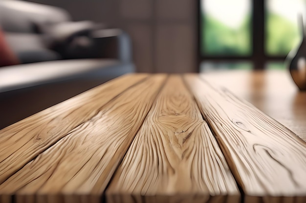 Pusta prezentacja produktu na drewnianym stole z niewyraźnym wewnętrznym tłem