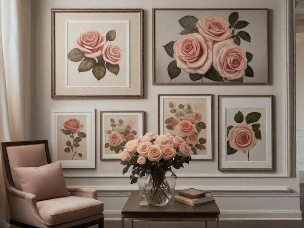 Pusta przestrzeń na ścianie z oprawionymi odbitkami lub obrazami szczegółowych róż zapewnia klasyczną i wyrafinowaną atmosferę