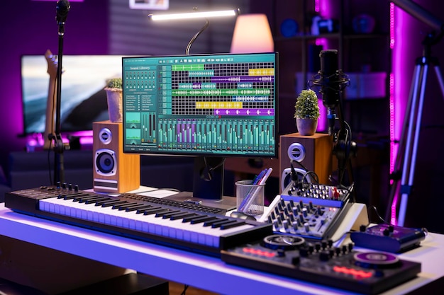 Pusta przestrzeń używana do nagrywania muzyki na narzędziach elektronicznych w domowym studiu