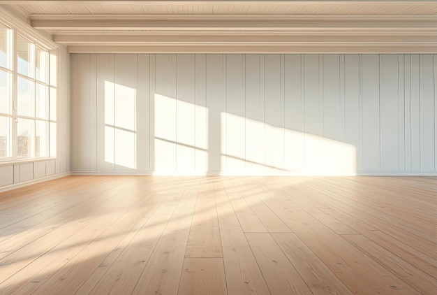 Pusta przestrzeń z drewnianą podłogą i białymi ścianami w stylu promieni słońca świecą na niej