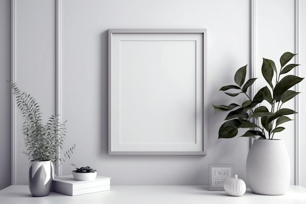 Pusta, pusta ramka zdjęciowa w stylu skandynawskim na białej ścianie