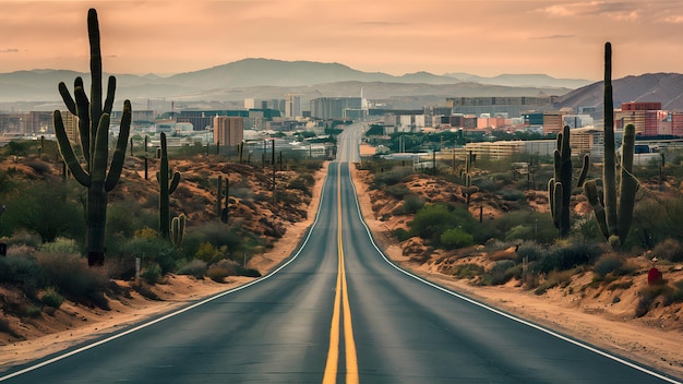 Pusta pustynna droga prowadząca do rozprzestrzeniania się miast kaktusy dot krajobraz