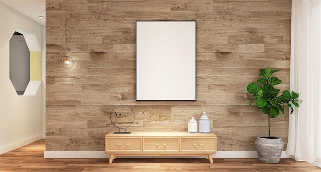 Pusta rama plakatowa makieta w nowoczesnej scenie projektowania wnętrz salonu z jednostką multimedialną z drewnianą podłogą