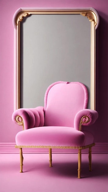 Pusta ramka na zdjęcia przy różowym aksamitnym fotelu