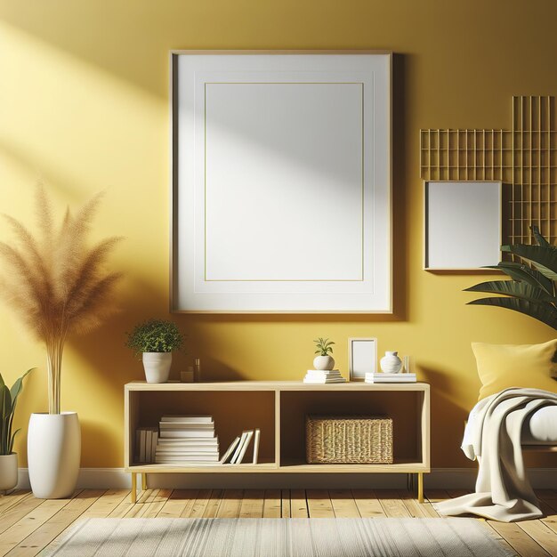 Pusta ramka zdjęć w żółtym kolorze wnętrze pokoju 3d rendering