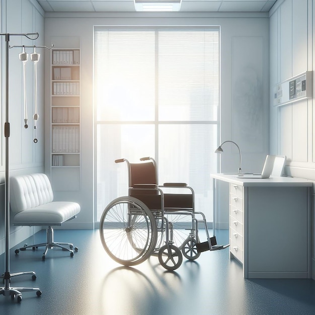 Pusta sala konsultacyjna szpitala z wózkiem inwalidzkim