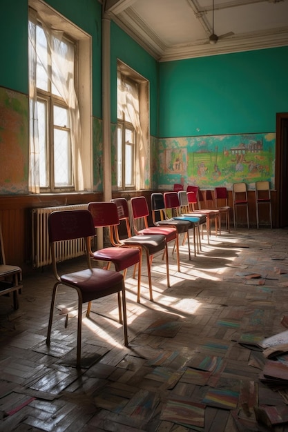 Zdjęcie pusta sala lekcyjna z udekorowanymi krzesłami dyplomowymi stworzonymi za pomocą generatywnej sztucznej inteligencji